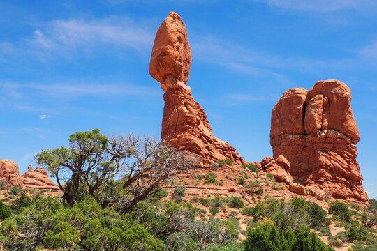 Balanced Rock formation in the Arches National Park, Utah, USA. Bizzare geological shapes in the desert of American southwest. Famous natural landmark in Utah.