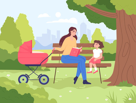 Mother with baby carriage reading to daughter in park. Woman and girl sitting on bench, stroller flat vector illustration. Leisure, family, parenting concept for banner, website design or landing page