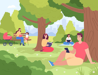 Young people reading paper book and e-books in park. Mother and daughter on bench, man with phone sitting on grass flat vector illustration. Technology, leisure, summer concept for banner