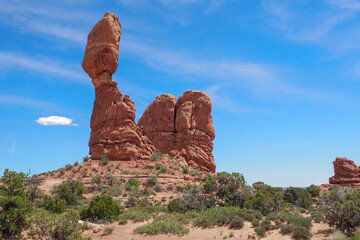 Fototapeta na wymiar Balanced Rock formation in the Arches National Park, Utah, USA. Bizzare geological shapes in the desert of American southwest. Famous natural landmark in Utah.