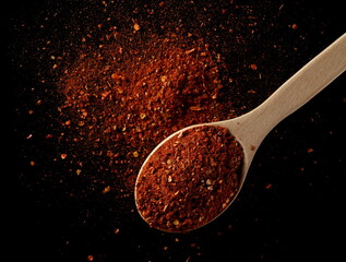 Spicy chili pepper flakes, crushed, milled dry paprika pile in wooden spoon isolated on black, top...