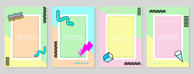 pastel color memphis style cover design set. framed background.