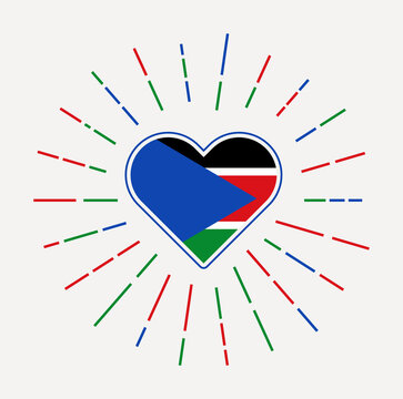 South Sudan heart with the flag of the country. Sunburst around the South Sudan heart sign. Vector illustration.