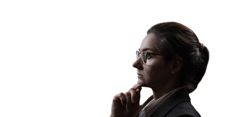 Businesswoman thinking with glasses on white isolated layer.