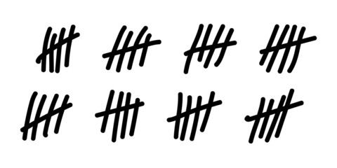 Vector illustration of tally marks count isolated on white background. Prison wall counting. Set of of tally marks icons in flat style.