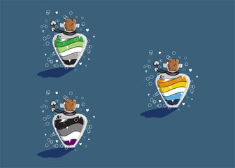 set of elixir, potion bottle designs of asexual, aromantic, and aroace pride flags. queer flags, hand-drawn fantasy bottles