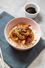 Homemade sesame Chicken served with Jasmine white rice