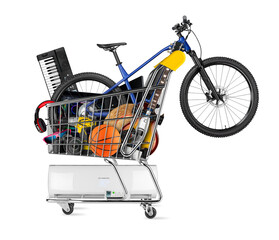 Full shop cart filled with many goods like bicycle music instruments multimedia equipment DSLR camera and pc computer hardware isolated white background. online shopping ecommerce concept