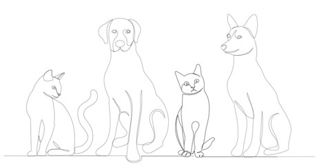 dogs and cats sitting one continuous line drawing