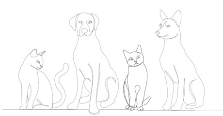 Fototapeta premium dogs and cats sitting one continuous line drawing