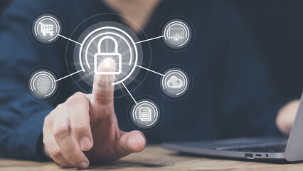 Obraz premium cyber security concept man's hand using a smartphone to the system through the fingerprint scanner Store data into online Cloud Data storag for security.