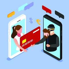 Woman on the phone screen and the scammer stealing a credit card isometric 3d vector illustration concept for banner, website, illustration, landing page, flyer, etc. - obrazy, fototapety, plakaty