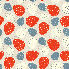Vector seamless abstract pattern with colorful strawberries on light beige background.