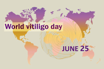 World Vitiligo Day on orange purple world map, banner, charity. Toning purple and orange