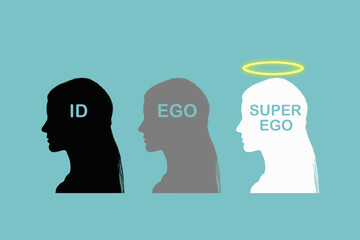 Silhouette of three female heads with the inscriptions Id, Ego and Super ego from the ego psychological model of the psyche, blue background - obrazy, fototapety, plakaty