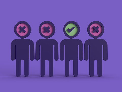 3 out of 4 people rejected - find the best candidate 3d illustration