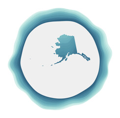 Alaska logo. Badge of the US state. Layered circular sign around Alaska border shape. Artistic vector illustration.