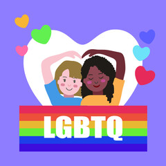 A couple of gay woman holding hands while smiling and kissing. Same sex young married female couple in their daily routine, LGBTQ Pride Month.