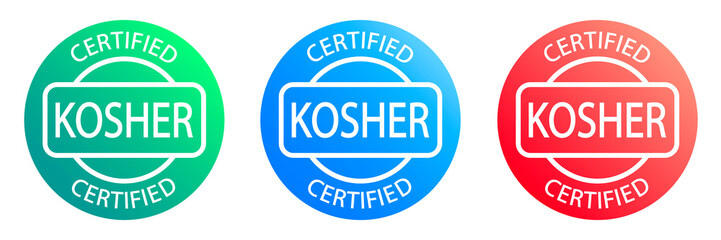 Set of Kosher food products labels, badges or logos. Vector Kosher sign certificate tag. Round icon. Sticker design. Stamp