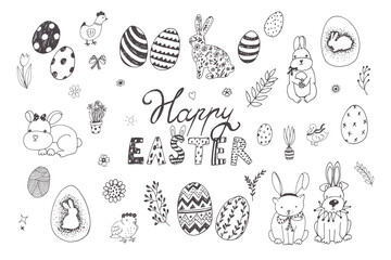 Easter rabbit, egg, chick vector illustrations set