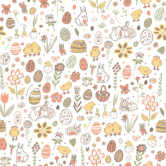 Easter rabbit, chickens, eggs, flowers vector seamless pattern