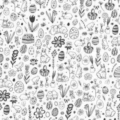 Easter rabbit, chickens, eggs, flowers vector seamless pattern