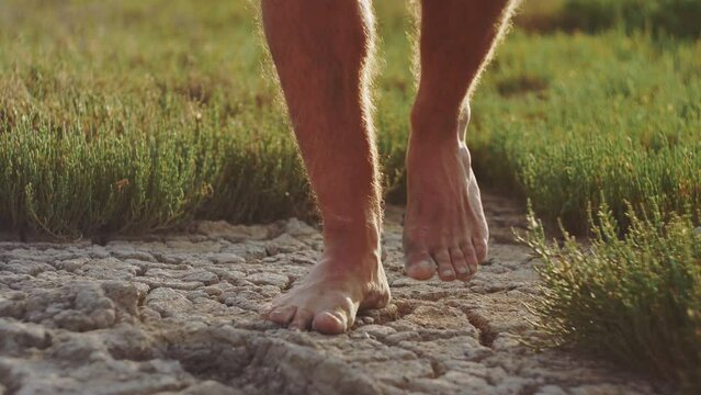 Man stepping barefoot from green grass to cracked soil ground