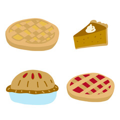 Apple pie, pumpkin pie. Cute vector thanksgiving dinner illustration for stickers, greetin cards, wall art, invitations. Thanksgiving meal.