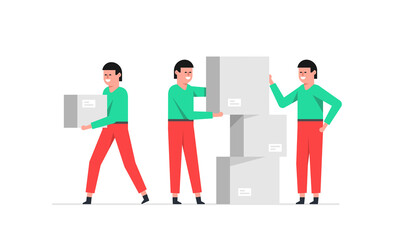 Delivery service. Workers bear cardboard boxes. Moving service. Flat style