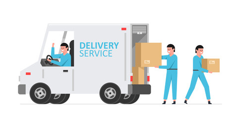 Delivery service and logistics. Workers unloading boxes from van.  Moving service. Flat style