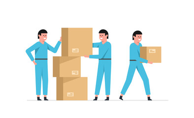 Delivery service. Workers bear cardboard boxes. Moving service. Flat style