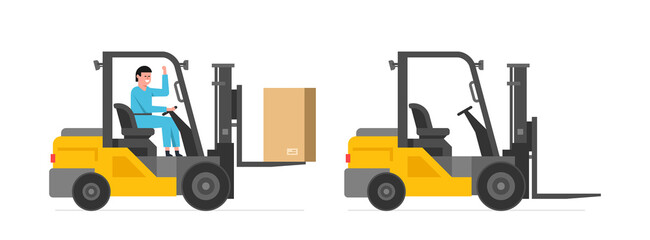 Forklift truck. Delivery service and logistics. Forklift truck with man driving - obrazy, fototapety, plakaty