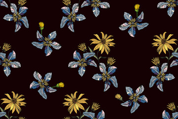 Vector seamless floral pattern with clematis flowers and yellow Jerusalem artichoke flowers on black background. Decorative print for the design of textiles, wallpaper, wrapping paper.