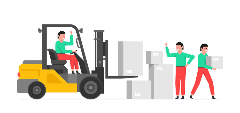 Delivery service and logistics. Workers unloading boxes from Forklift truck. Moving service. Flat style