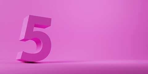 3D render of  the number 5 on pink background