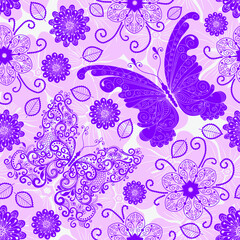 Fototapeta na wymiar Seamless purple floral pattern with flowers, openwork butterflies on a white background. Vector eps 10