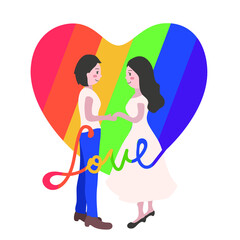 Lesbian women holding hands on rainbow heart background. Sexual diversity. Element for Pride Month celebration. Symbols for LGTBQ parade. 