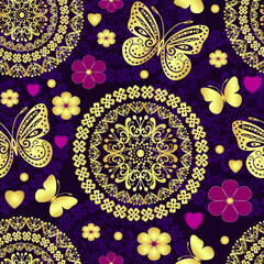 Seamless purple valentine pattern with lace mandala and golden butterflies and hearts. Vector eps 10