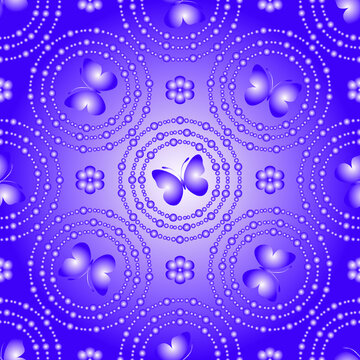 Lilac Gradient Seamless Pattern With Concentric Circles And Butterflies. Vector Eps 10