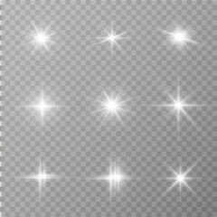 Set of bright beautiful stars. Light effect Bright Star. Beautiful light for illustration. Christmas star. White sparks sparkle with a special light. Vector sparkles on transparent background	