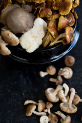 Top side view of dark bowl with a mix of wild mushrooms spilling out onto dark background. 