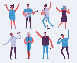 Vector background in a flat style of group of singing, playing guitar, drums, piano, saxophone and other music instrument people