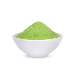 Green tea powder in a white cup isolated on white background