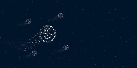 Obraz na płótnie Canvas A no dollar symbol filled with dots flies through the stars leaving a trail behind. Four small symbols around. Empty space for text on the right. Vector illustration on dark blue background with stars