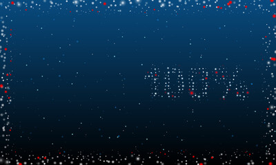 Obraz premium On the right is the 100 percent symbol filled with white dots. Pointillism style. Abstract futuristic frame of dots and circles. Some dots is red. Vector illustration on blue background with stars