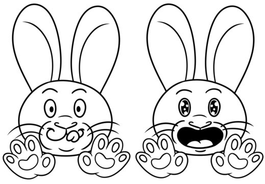 Monochrome illustration, Two cute rabbits in cartoon style stretch out their paws and rejoice, cute rabbit ears