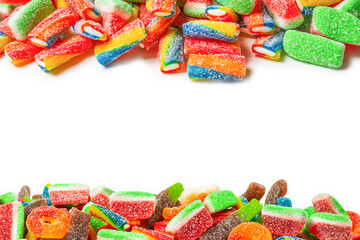Assorted gummy candies. Top view. Jelly  sweets.