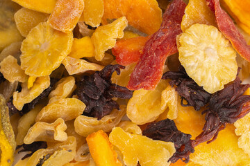 Mix of dried exotic fruit, mangos,slices of pineapples, passion fruit, papaya.
