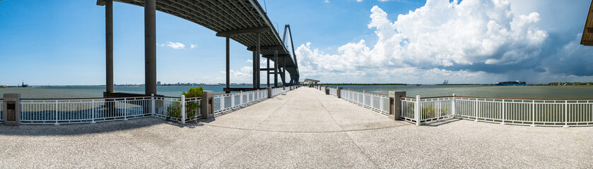 Panoramic view of the Arthur Ravenel Bridge from the Mount Pleasant Pier in Charleston, South Carolina
