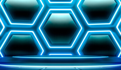 Sci Fi Dark Lights futuristic circles Stage with Hexagon Neon Glowing background. 3D Rendering.